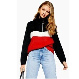 Topshop Red White Colorblock Stripe Quarter Zip Oversized Sweater Size XS